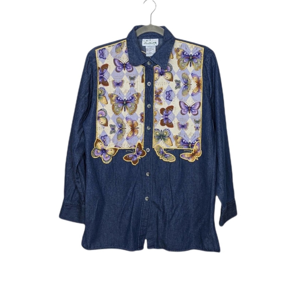 Vintage Butterfly Button Flannel Grandma Nature Art Shirt Top